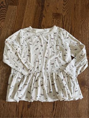 Girls' Cream Long-Sleeve Peplum Top with Tiny Floral Motif